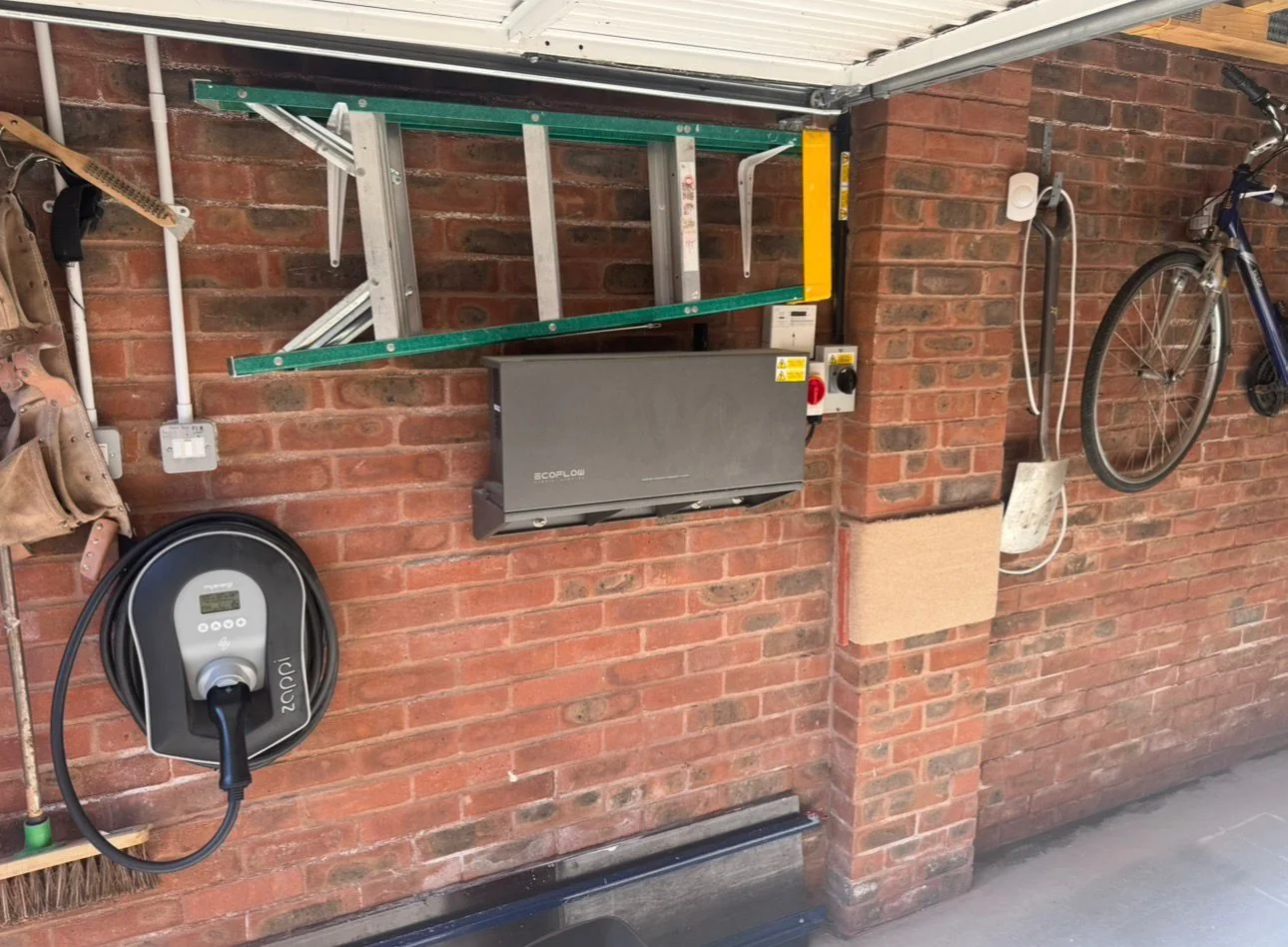 Outdoor EV charger and battery on a brick wall